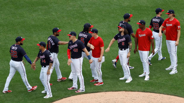 Jul 9, 2023; Washington, District of Columbia, USA; Washington Nationals players celebrate after their game against the Texas Rangers at Nationals Park.